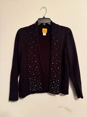 Ruby Rd. Petite Black Embellished Rhinestone Open Front Cardigan Size PM